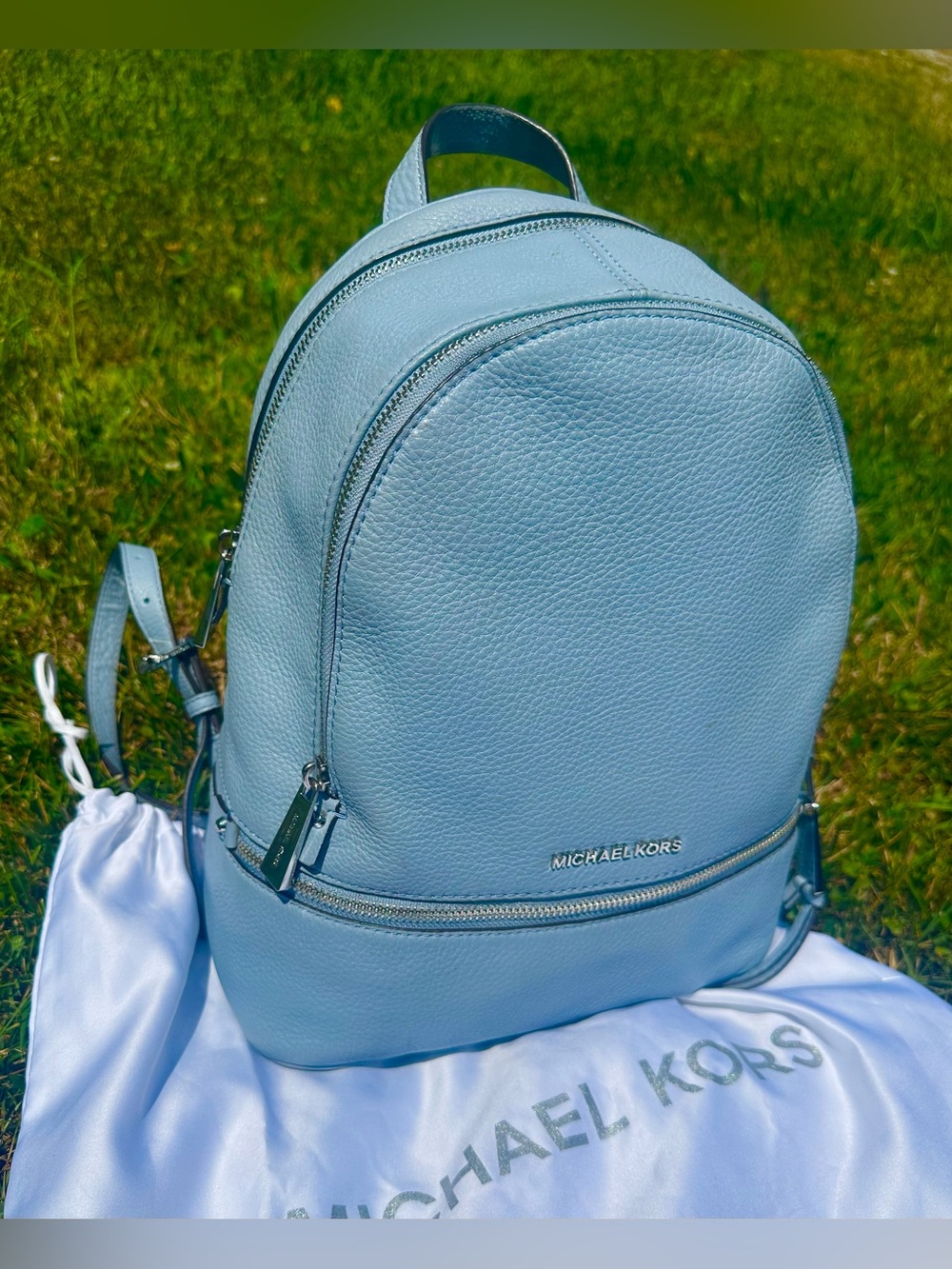 Michael Kors MK Rhea Medium Pebbled Leather Baby Blue Backpack Medium W/ Dustbag